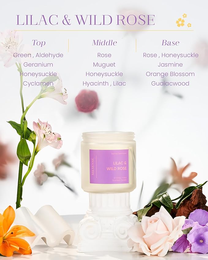 M&SENSE Lilac Wild Rose Scented Candle 11.6oz 70 Hours Long Lasting Burn Time 2 Wick Scented Candle Non Toxic Natural Soy Candle Aromatherapy Candle Easter for Home Decor Gifts for Women Mom