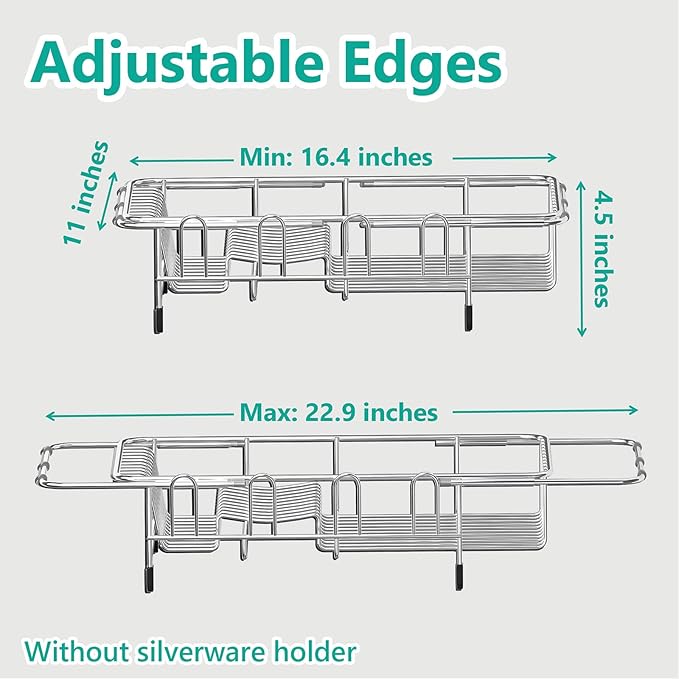 AIDERLY Dish Drying Rack in Sink Expandable Stainless Steel Kitchen Dish Drainer with 4 Cup Holders, Silver