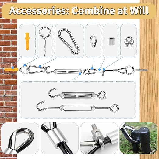 MSLANE 1/16" Black Wire Rope Kit 100FT 304 Stainless Steel Vinyl Coated with M5 Turnbuckles, 7x7 Strand Core Aircraft Cable for String Light, Picture Hanging, Clothesline, Curtain, and Plant Trellis