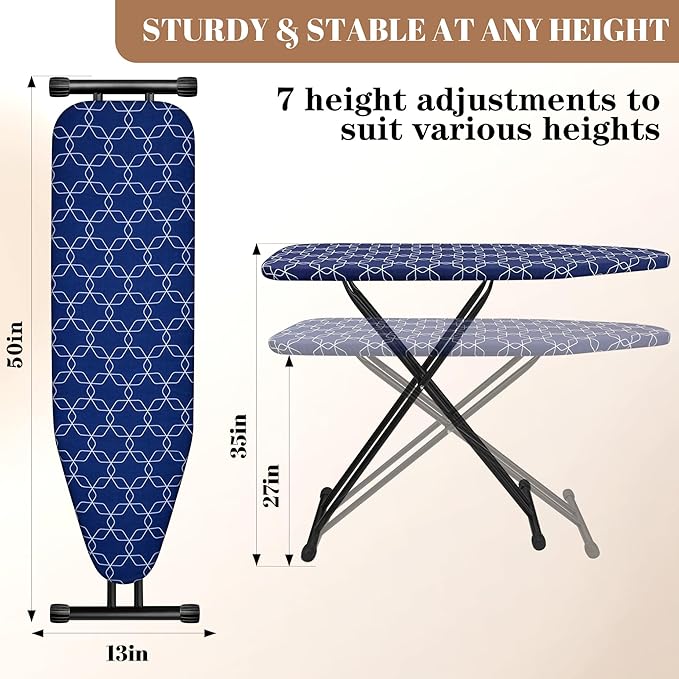 Deegureet Classic Ironing Board, Compact and Space Saver,Size 43 x 13 Ironing Board, Extra Wide Ironing Area with Extra Thick Heavy Duty Padded, Stable Structure,Easy to Fold Blue Geometry