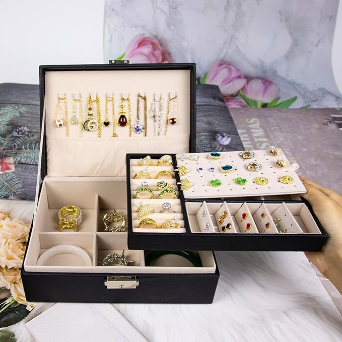 SYCARON Jewelry Box Organizer for Women, Jewelry Organizers 2 Layer Jewelry Storage Box PU Leather with Lock for Women Girls Rings Earrings Necklace Bracelets, Black