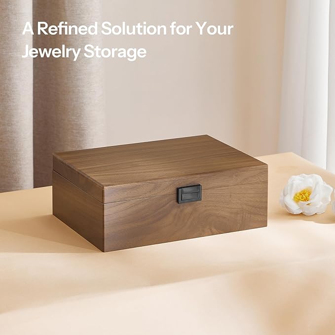 HOOBRO Wooden Jewelry Box for Women Girls, 2-Tier Jewelry Organizer with Removable Tray, Jewelry Storage Case with Clasp, for Necklace, Ring, Bracelet, Watch, Walnut BH29JB04
