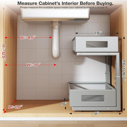 2 Packs 19IN Depth Under Sink Organizer, 2-Tier Pull Out Cabinet Organizer With Smooth Circular Rail, Large Capacity Metal Mesh Sliding Drawers For Bathroom& Kitchen Storage,Height Adjustable–Gun Gray