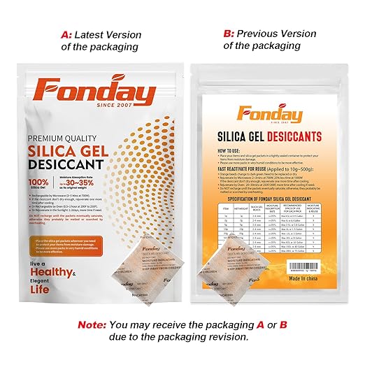 20g x 50 packs Fonday Rechargeable Silica Gel Desiccant Packets Food Grade Fast Reactivate Desiccant Bags Moisture Indicating Orange to Green