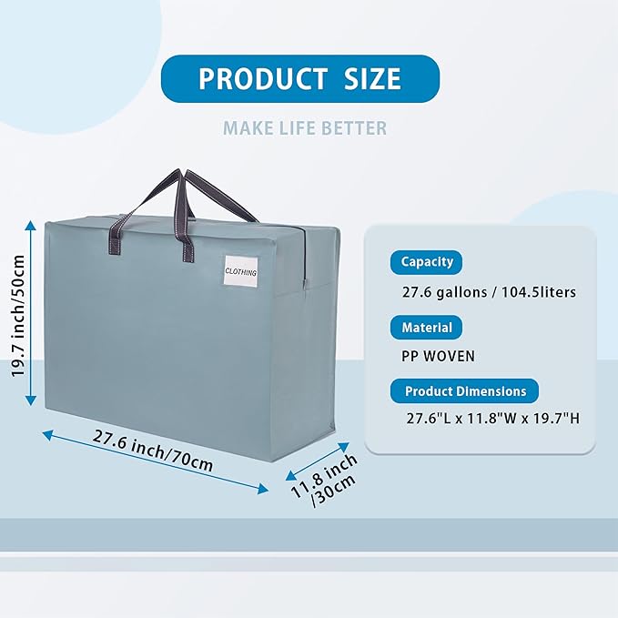 VENO 4 Pack Moving Bags, Christmas Storage Containers, Storage Totes, Zipper On Top, Sturdy, Storage Bags for Camping, Clothes, Bedding, Comforters, Pillows (27 Gallon Light Blue, 4 Pack)