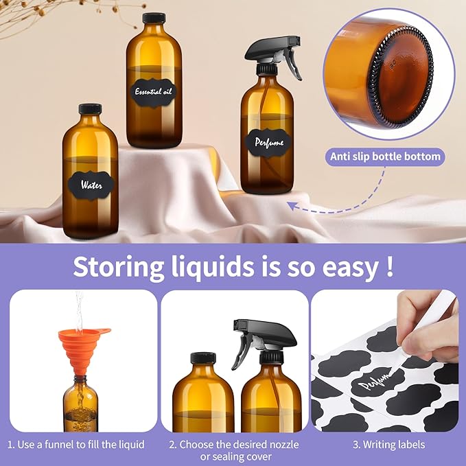 sietpoek 9 Pack Glass Spray Bottle 16oz, Empty Amber Spray Bottle Refillable Container for Essential Oils,Cleaning Products,Aromatherapy spray device