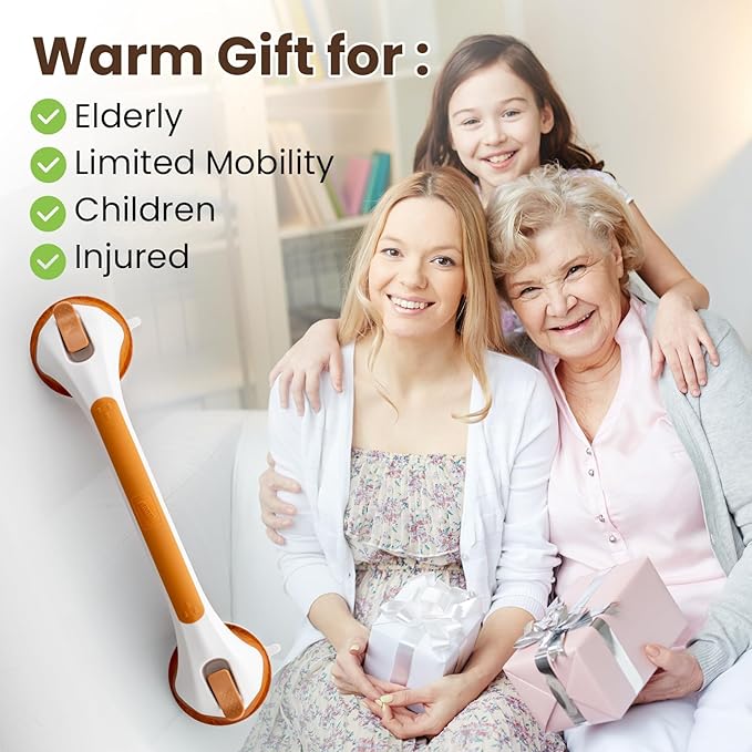 TAILI Shower Grab Bar 16 Inch Suction Cup Grab Bars for Bathroom, Removable Shower Safety Handle Heavy Duty Bathtub Grip for Seniors & Elderly, Strong Handrails No Drilling Waterproof, Wood Grain