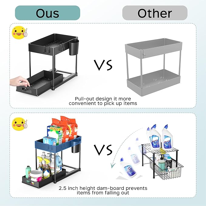 MCIJRJOI Under Sink Organizers and Storage, 2 Pack Large Capacity Heavy Load Pull-out Under Sink Shelves with Sliding Drawer for Kitchen and Bathroom, Dark Black