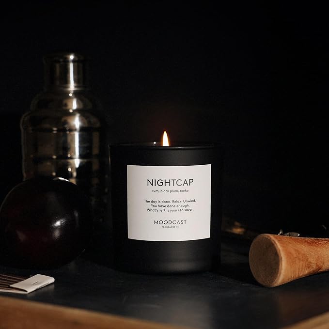 Moodcast Nightcap Scented Candle – Aesthetic Candle for Home, Rum, Black Plum & Tonka, Clean Coco Wax Blend, Vegan, Paraben-Free, 45-Hour Long Lasting Burn – 8oz