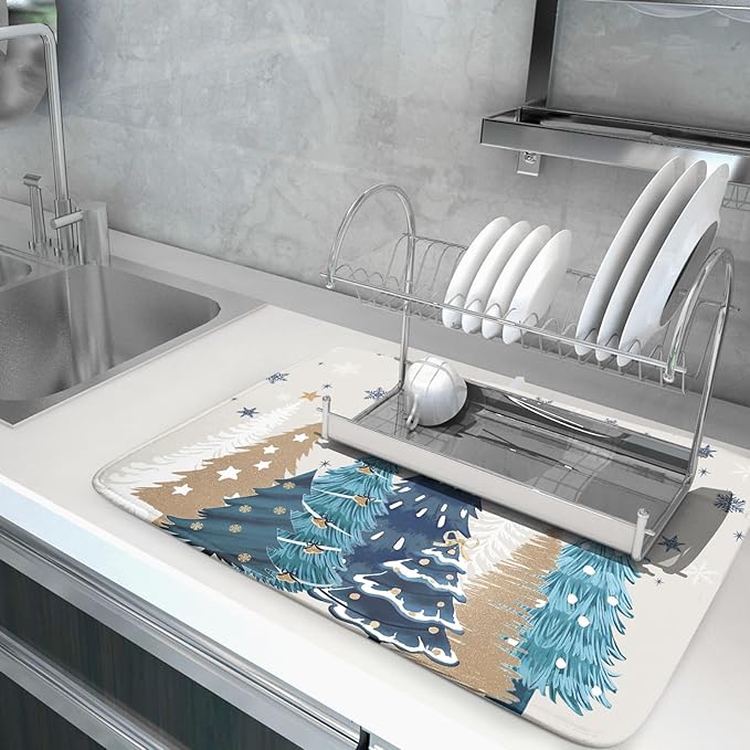 Christmas Tree Dish Drying Mat for Kitchen Counter 24x18 Inch Xmas Snowflake Drying Mat with Absorbent Reversible Microfiber House Blue Trees Dish Drainer Mats Rack Pad for Coffee Countertop Protector