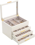 Lolalet Jewelry Box, Clear Window Wood Grain Jewelry Storage for Earrings Bracelets Necklaces Rings, High Capacity Organizer for Women -Beige, 4 Layers