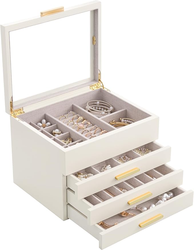 Lolalet Jewelry Box, Clear Window Wood Grain Jewelry Storage for Earrings Bracelets Necklaces Rings, High Capacity Organizer for Women -Beige, 4 Layers