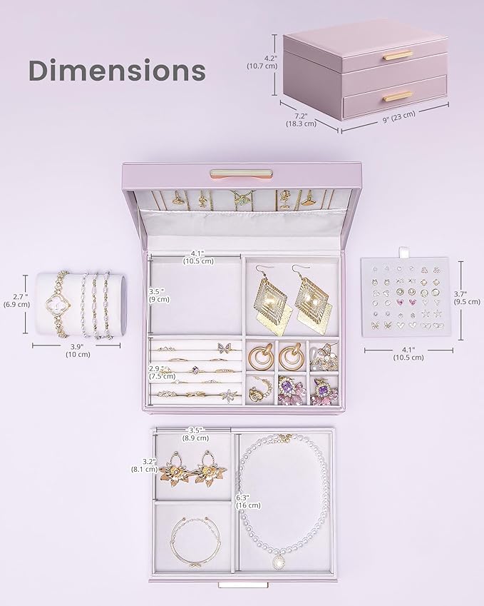 Lolalet 2-Layer Jewelry Boxes Organizer for Women Girls, Jewelry Storage Case Holder with Drawers for Necklaces Rings Earrings Bracelets Watches, Gifts Choice for Girlfriend Wife -Purple