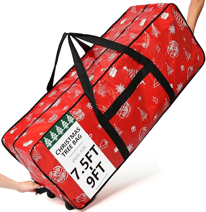 HOMEST Christmas Tree Storage Bag, Fits for 7.5-9 ft Xmas Artificials, Zippered Bag with Reinforced Carrying Handles and Wheels, Red Pattern (Bag Only)