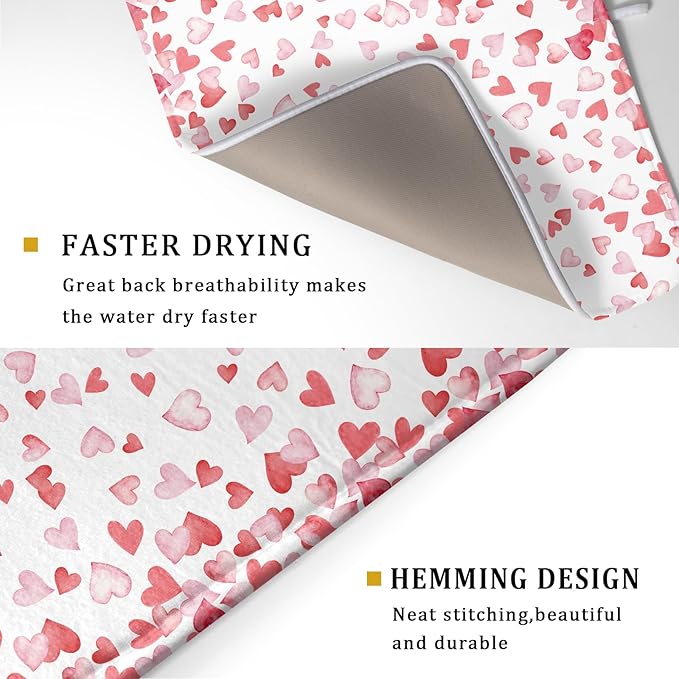 Valentine’s Day Dish Drying Mat for Kitchen Counter 24x18 Inch Watercolor Love Drying Mat with Absorbent Reversible Microfiber Pink Dish Drainer Mats Rack Pad for Coffee Countertop Protector