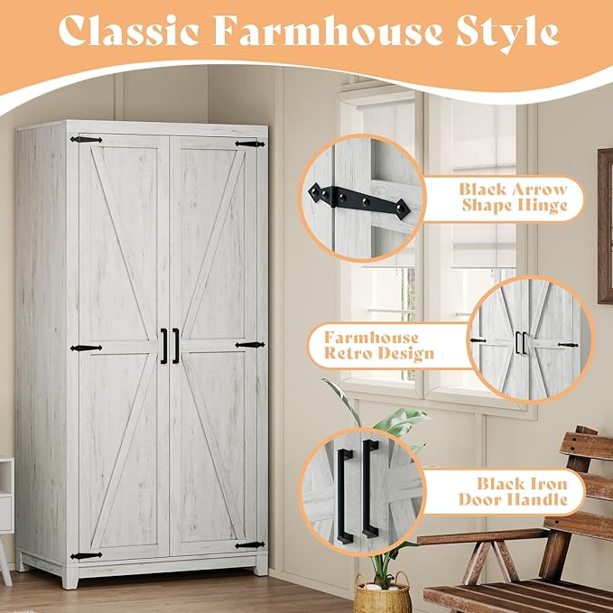 AMERLIFE Set of 2 Farmhouse Armoire Wardrobe Closet with 2 Barn Doors, 70'' Storage Cabinet with Shelf & Hanging Rod, Versatile Clothing Storage for Bedroom, White