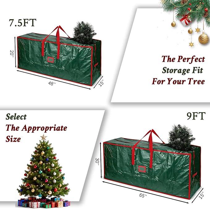 Christmas Tree Storage Bag with Double Zipper- Fits Up to 9 ft Holiday Xmas Disassembled Trees – Moisture Proof Protection for Holiday Decor,Green