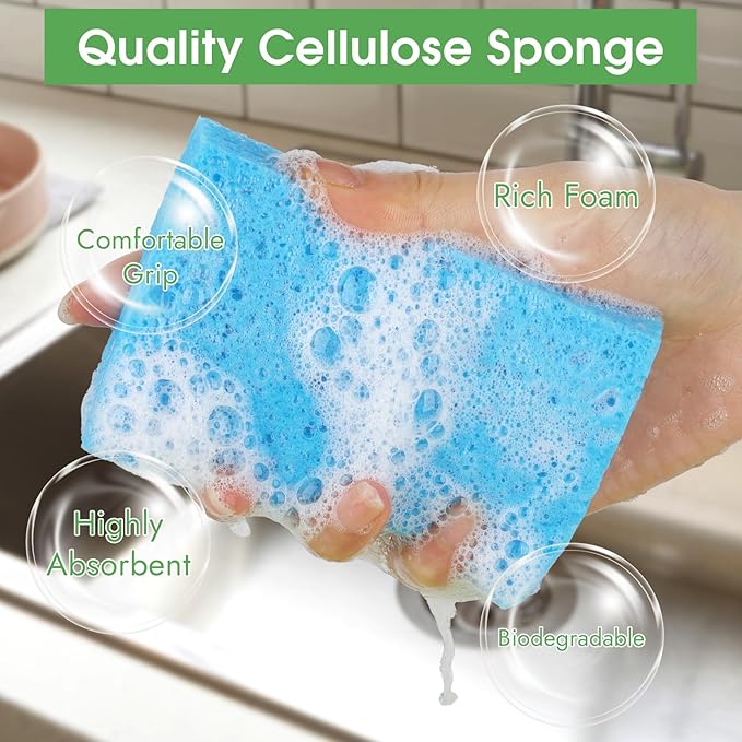 MOWPOG 12 PCS Dish Sponges Kitchen, Non Scratch Cleaning Sponge for Non Stick Cookware, Natural Compressed Cellulose Wash Scrub for Household Bathroom, Soft Washing Scrubbers (Blue)