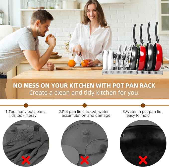 ROOHUA Pot Rack Organizer -Expandable Pot and Pan Organizer for Cabinet,Pot Lid Organizer Holder with 10 Adjustable Compartment for Kitchen Cabinet Cookware Baking Frying Rack