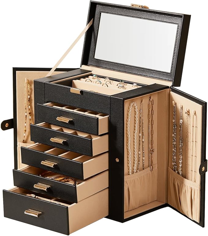 Large Leather Jewelry Box Organizer 6 layer Jewelry Storage Case for Women Girls Ring Necklace Earring Bracelet Holder with Mirror Valentine's Day Gift(Black)