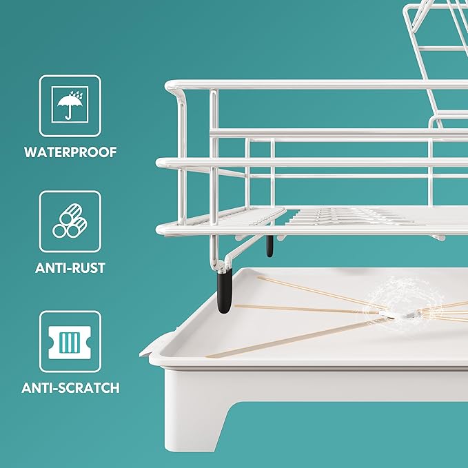 BOOSINY 2 Tier White Large Stainless Steel Dish Drainers Drying Rack for Kitchen Counter with Drainboard, Rust Proof Metal, Space Saving, Modern Aesthetic, Compact Plates Strainers with Extra Mat
