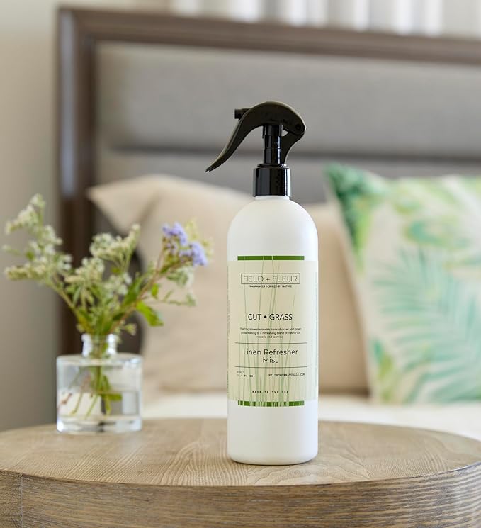 FIELD FLEUR Cut Grass Linen & Room Spray 15.5 oz - Aromatic & Refreshing Bedding & Fabric Mist - Air Freshener for Clothes & Sofas - Notes of Clover, Green Grass, Wisteria & Jasmine - Made in USA