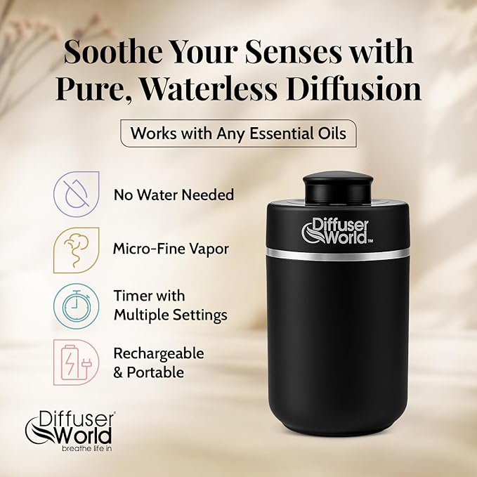 600 Sq Ft Waterless Diffuser for Essential Oils, Aroma Express Black Portable Aroma Atomizer for Room Fragrance, Home Scent Machine, Air Aromatherapy Oil Diffusers with Timer