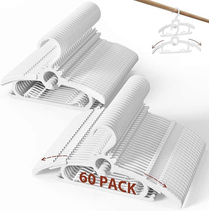 Toddler Hangers 60PCS, 11"-14" Extendable and Stackable Baby Hangers, 45g Ultra-Thick Space Saving Non-Slip Plastic Hanger for Infant, Kids and Nursery Closet (White-White-60)