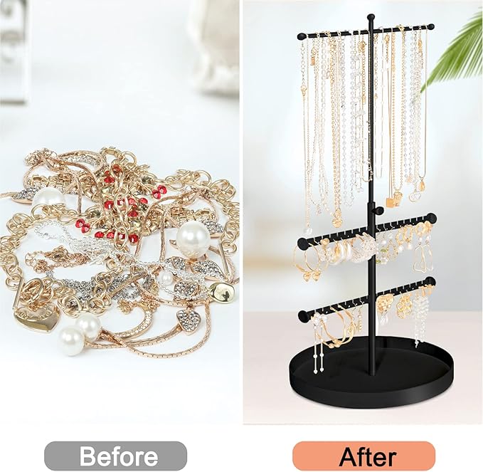 Jenseits Jewelry Holder Stand, 3 Tier Necklace Tree Organizer, Adjustable Height Jewelry Earring Display Towers, Long Necklaces Earrings Bracelets Jewelry Storage Rack for Dresser Bathroom Vanity