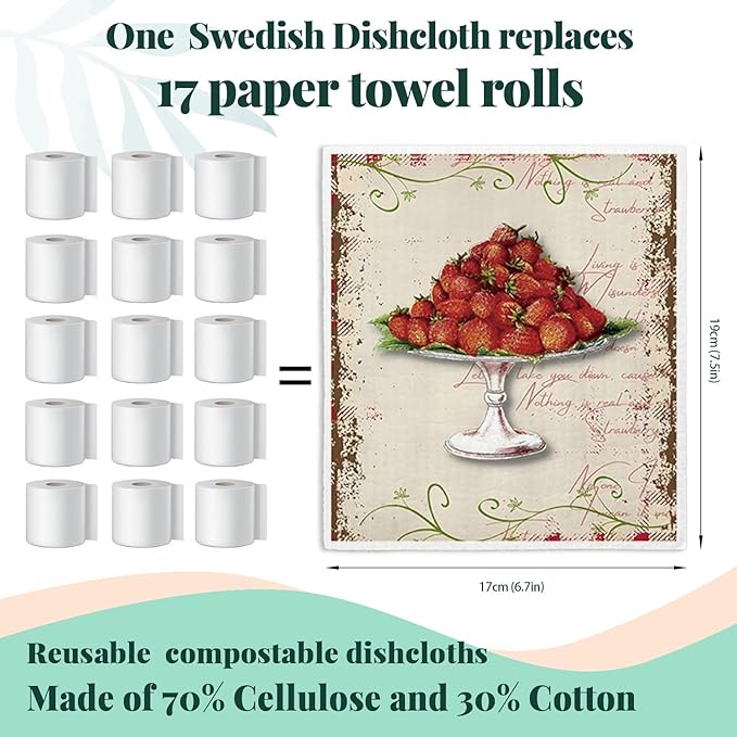 LARTSFRO Swedish Dishcloths for Kitchen, Papaya Reusable Paper Towels Washable, Vintage Strawberries Swedish DishCloths for Friut, 4 Pack Dish Towels for Kitchen
