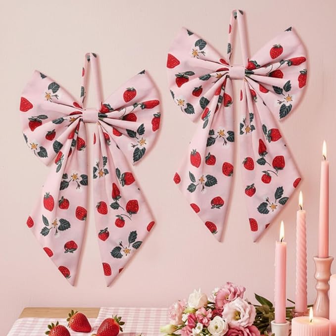 2 Pcs Spring Strawberries Wreath Bows 19.6'' x 11.8'' Large Tree Topper Pink Ornament Rustic Burlap Wreath Sash for Front Door Spring Party Yard Doorway Indoor Outdoor Wall Decor