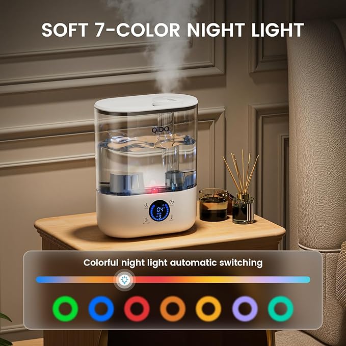 QIDO Top Fill Humidifiers for Bedroom, 5 L Cool Mist 36H Super Long Time, Quiet 28dB Essential Oil Diffuser for Baby & Plants, 3 adjustable Mist with Touch/APP/7-color Nightlight, Auto Shut-off, White