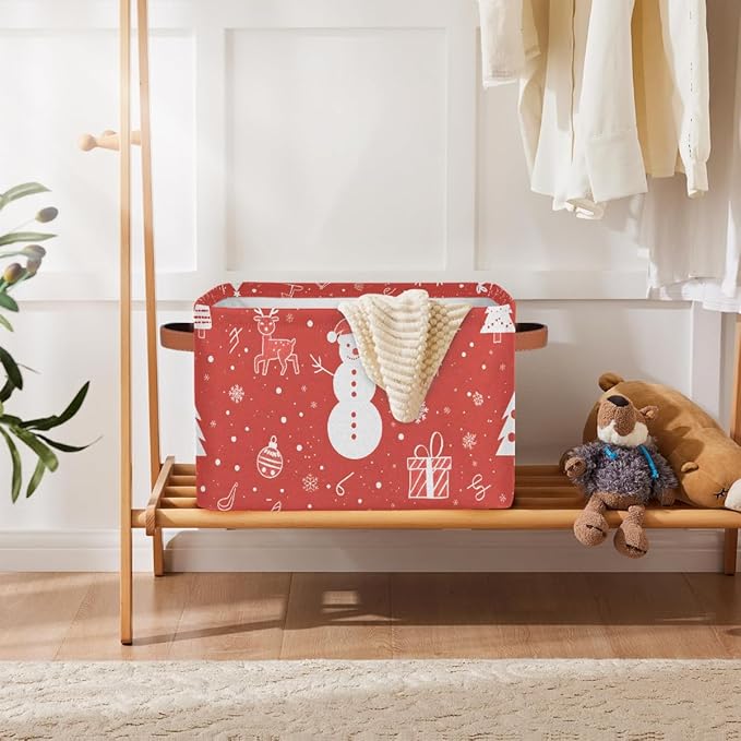 Storage Baskets Bin, Christmas Winter Snowman Collapsible Canvas Fabric Storage Bin Decorative Baskets Toy Organizer Rectangle Storage Boxes with Handles for Home Shelves Nursery, J-024