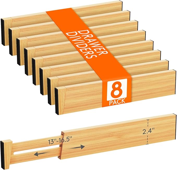 Lifewit 8 Pack Bamboo Drawer Dividers 2.4" High, 13-16.5" Kitchen Drawer Organizers, Adjustable Wooden Drawer Dividers for Clothes, Expandable Drawer Separators for Dresser, Bedroom, Bathroom, Cabinet