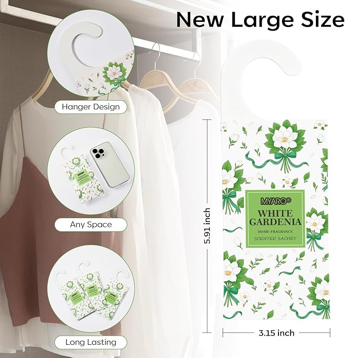 MYARO Large Hanging Sachets Scented for Home 12 Pcs Potpourri Bags Long Lasting Air Freshener for Closet Drawer Car House (White Gardenia)