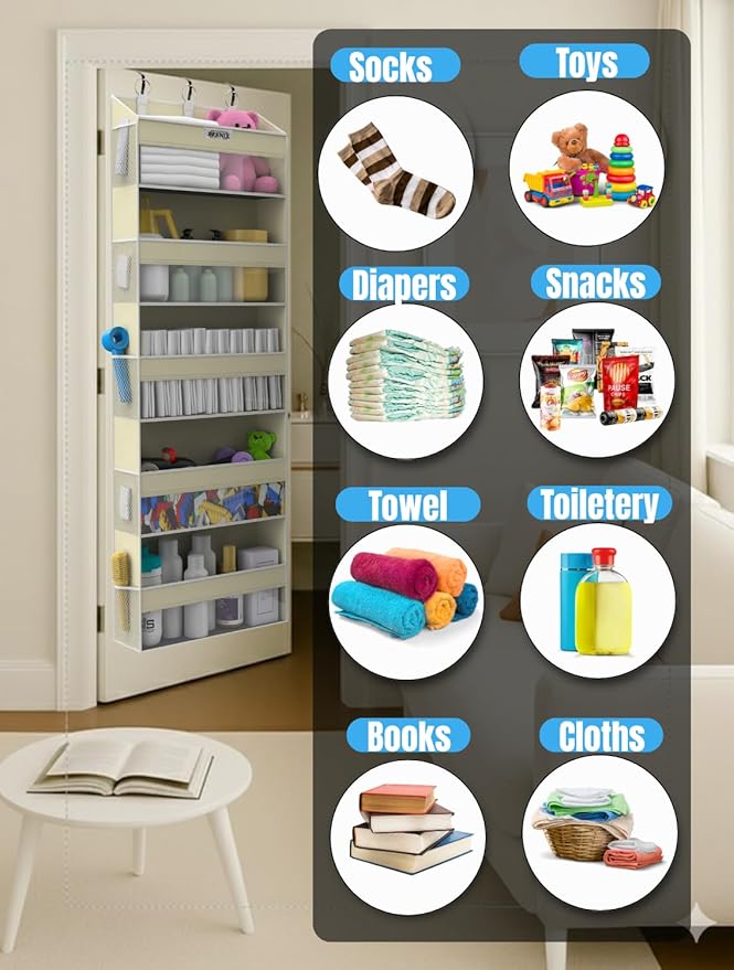 BRENIX Over the Door Organizer with 5 Large Pockets & 10 Mesh Side Pockets – Durable Hanging Storage for Closet, Bathroom, Bedroom, and Nursery– Space Saving Door Storage with Sturdy Metal Hooks.