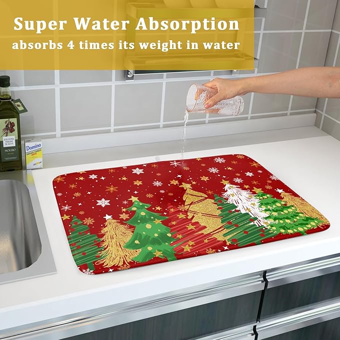 Christmas Dish Drying Mat 18 x 24 Inch Red and Green Absorbent Reversible Microfiber Mat Xmas Tree and Snowflake Pattern Dish Rack Pad for Coffee Bar Winter Decor