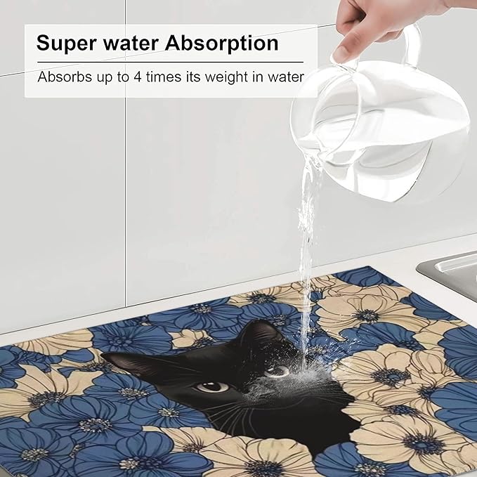 Black Cat Dish Drying Mat for Kitchen Counter Microfiber Super Absorbent Non-Slip Dish Drying Pad for Countertops Dishes Utensils Stylish Quick-Dry Machine Washable 18x24 Inch
