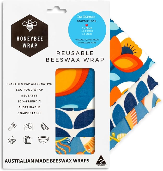 Honeybee Beeswax Wraps - Kitchen Starter Pack - Certified Organic Cotton Beeswax Wrap - Reusable Beeswax Wraps for Food - Plastic Wrap & Sandwich Bags Alternative - 3 Pack - Small, Medium & Large