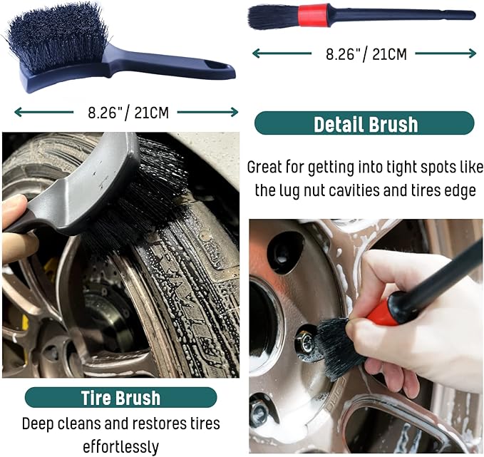 oesee Professional 4 Pack Long Handle Wheel Brush Kit for Cleaning Wheel and Tire- 2X Soft Wheel Cleaning Brush, Detailing Brush and Stiff Tire Brush, Bendable& Durable Wheel Rim Cleaner Brush Set