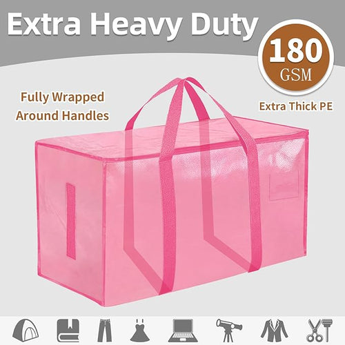6 Pack-Extra Large Heavy Duty Moving Bags - Waterproof Storage Totes with Handles & Zippers, Foldable for College Dorm, Storage (Pink)