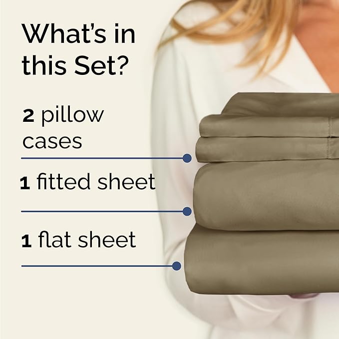 Twin 4 Piece Sheet Set - Comfy Breathable & Cooling - Ultra Soft Hotel Luxury Bedding Set with 8-16 Inch Deep Pockets - 1 Flat & 1 Fitted Sheet & 2 Pillowcases - Cozy, Wrinkle Free & Easy Care - Khaki
