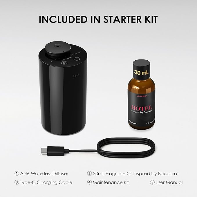 Airversa Waterless Essential Oil Diffuser Starter Kit with 30mL Hotel Fragrance Oil Inspired by BaCRT, Battery Operated Car Diffuser, Portable Aroma Nebulizer for Home Car Office, AN6Kit-4, Black