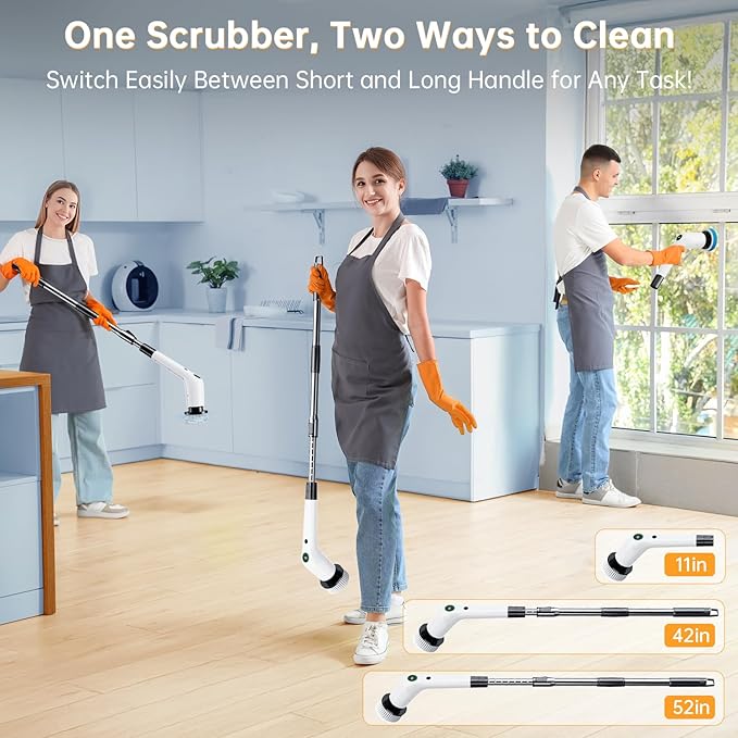 PUFTEM Electric Spin Scrubber, Cordless Shower Scrubber with 8 Scrub Brush, 2 Speed with Adjustable Extension Handle, Battery Level Display, Power Scrubber for Bathroom Bathtub Tile Floor (Black)