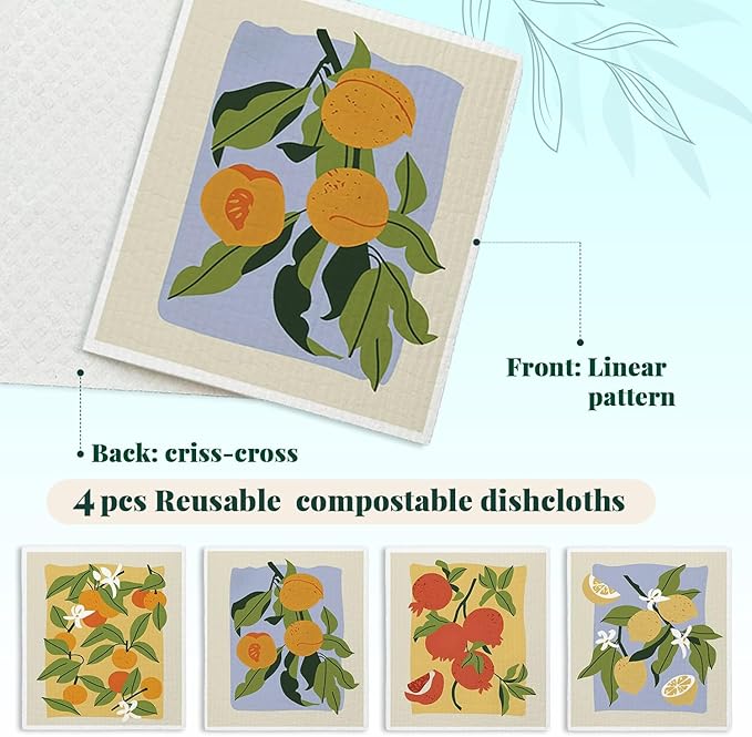 LARTSFRO Swedish Dishcloths for Kitchen, Papaya Reusable Paper Towels Washable, Oranges Peach Lemon Colorful Swedish DishCloths for Friut, 4 Pack Dish Towels for Kitchen