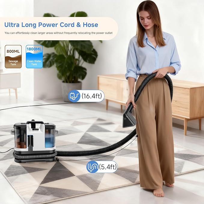 Vaconly Portable Spot Cleaner Machine for Carpet and Upholstery - 18Kpa Carpet Cleaner with Dual BrushHeads, Easy Move, Cleaning Machine for Furniture, Couch, Stairs, Car and Pet Stain, White