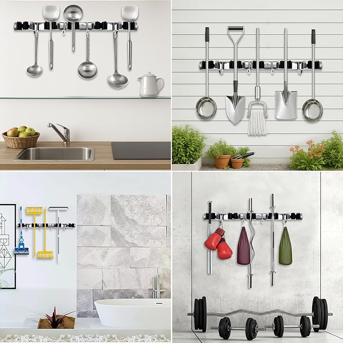 5 Racks and 4 Hooks Mop and Broom Holder Wall Mount, SUS304 Heavy Duty Broom Organizer Storage Tool Racks, Self Adhesive Solid Non-slip Tool Hangers for Home Kitchen Garden Laundry Garage