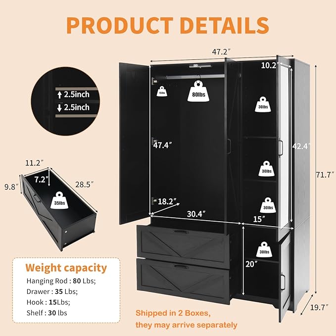 Armoire Wardrobe Closet with Mirror and 2 Drawers, 72''H Bedroom Armoire Wardrobe Cabinet with Hanging Rod and Light,Wooden Bedroom Closet with Adjustable Shelf