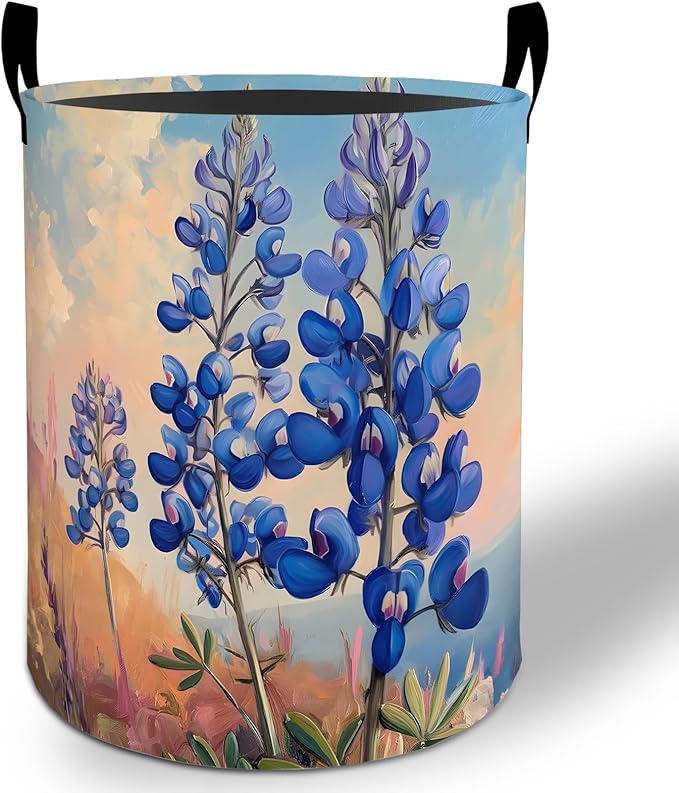 Bluebonnet Flower Laundry Basket Hamper 19.7"x15.8", Wildflower Foldable Waterproof Oxford Clothes Storage Bucket for Room Bathroom Bedroom Nursery Decor, Toy Organizer Bins Gifts for Kids Boys Girls