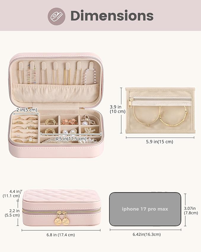 Lolalet Travel Jewelry Case for Women Girls, Travel Jewelry Organizer with Clear Storage Bag Small Portable Jewelry Box for Necklace Bracelet Earring Ring Valentines Bridesmaid Gifts -Medium/Pink